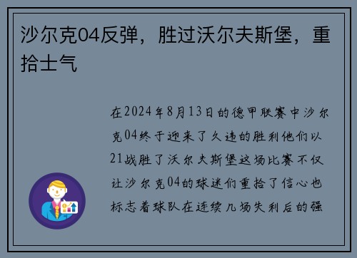 沙尔克04反弹，胜过沃尔夫斯堡，重拾士气